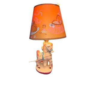 Mcm 50s Nursery Lamp Ceramic Pottery Zebra Pony Pink Grey Stripes w/Shade